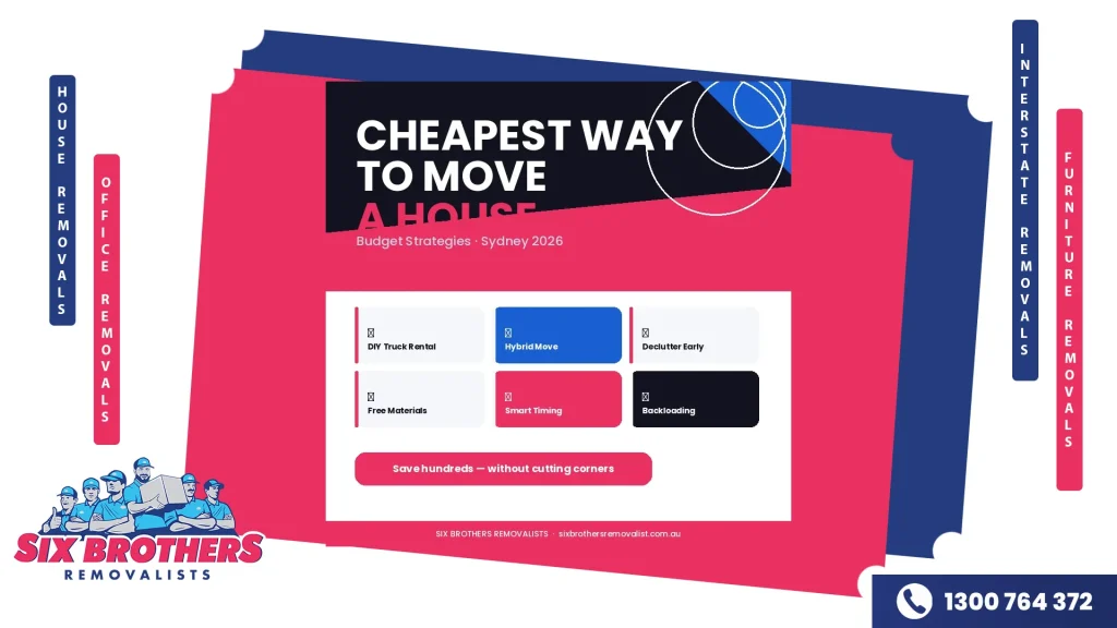 Six budget moving strategy cards including DIY truck rental, hybrid moves, backloading and smart timing for Sydney 2026