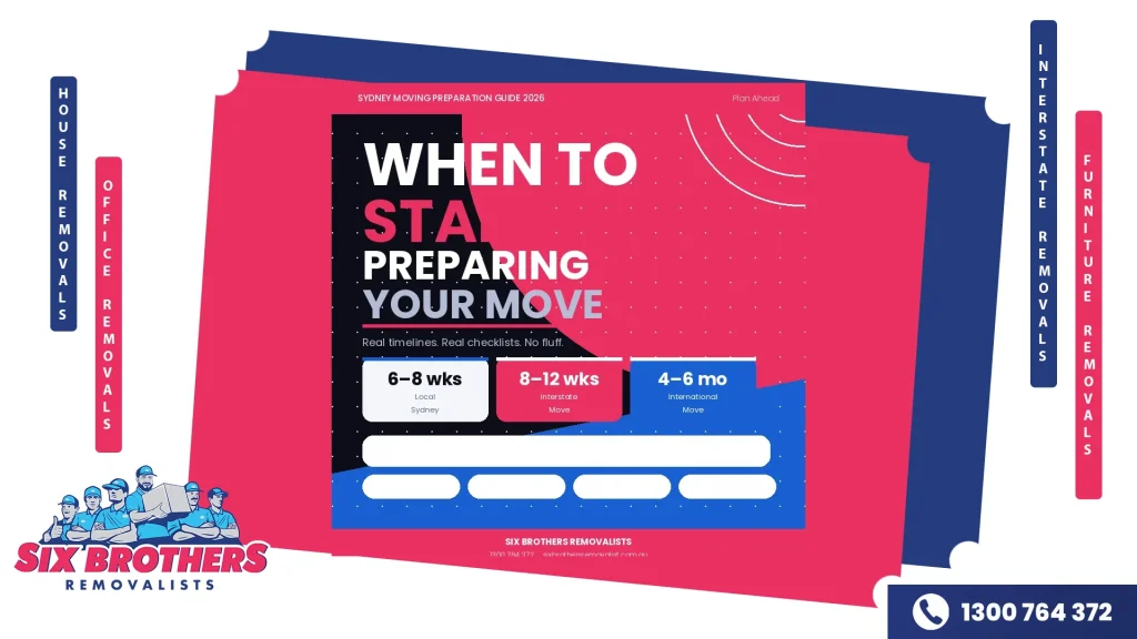 Dark hero cover reading "When to Start Preparing Your Move" with three timeline callout boxes — Local 6–8 wks, Interstate 8–12 wks, International 4–6 months — and four move phase pills
