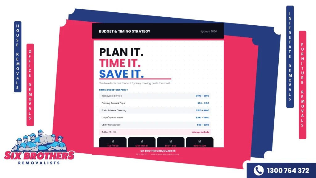 Budget snapshot table listing Sydney moving cost line items alongside four timing strategy cards for Tuesday/Wednesday, mid-month, off-season March–September, and before 7AM starts