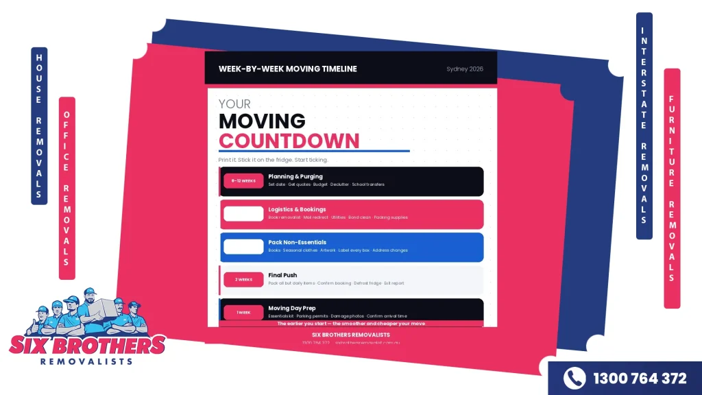  Five-phase moving countdown timeline with cards for 8–12 Weeks (Planning), 6–8 Weeks (Logistics), 4 Weeks (Packing), 2 Weeks (Final Push), and 1 Week (Moving Day Prep)