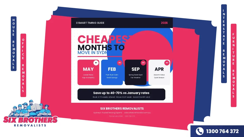 Four ranked month cards showing the cheapest times to move in Sydney — May, February, September, and April