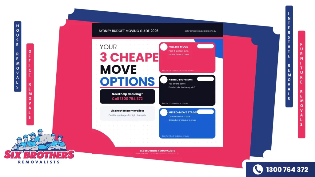 Three stacked move option cards — Full DIY ($0–$200), Hybrid Big-Items ($200–$600), and Micro-Move Stages — with best-use-case guidance for Sydney residents