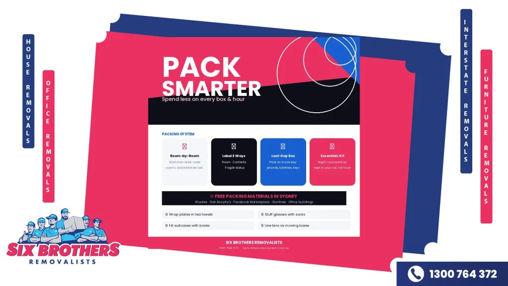Four packing method cards — Room-by-Room, Label 3 Ways, Last-Day Box, Essentials Kit — with a free materials banner listing Sydney sources and four household packing hacks