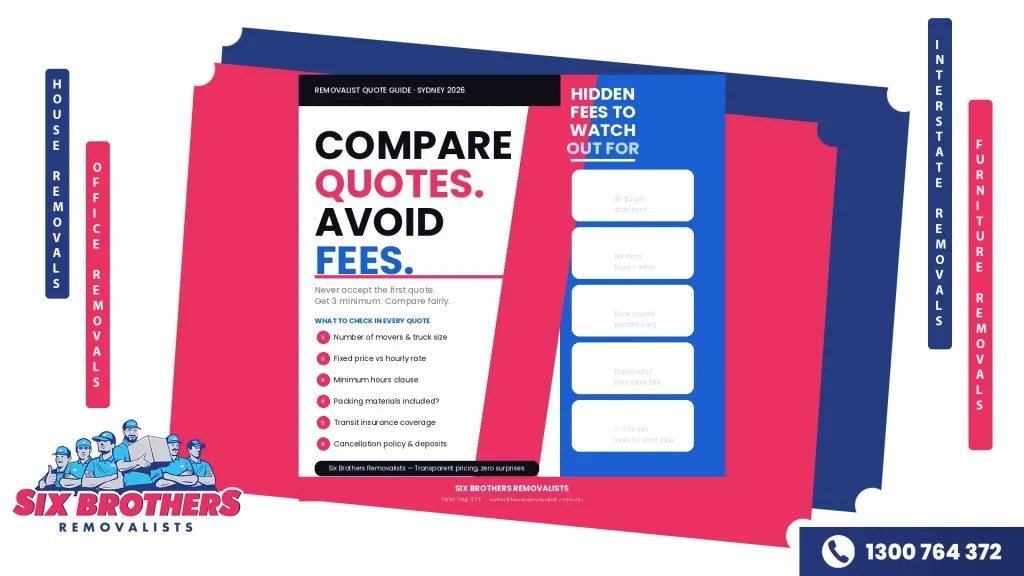 Split-panel cover with a 6-point quote comparison checklist on the left and five hidden fee warnings — stair charges, long carry, parking, heavy items, minimum hours — on the right blue panel