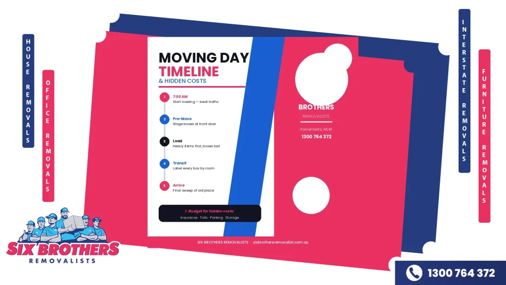 Moving day timeline from 7AM load start to final sweep, with hidden costs warning including insurance, tolls, parking and storage
