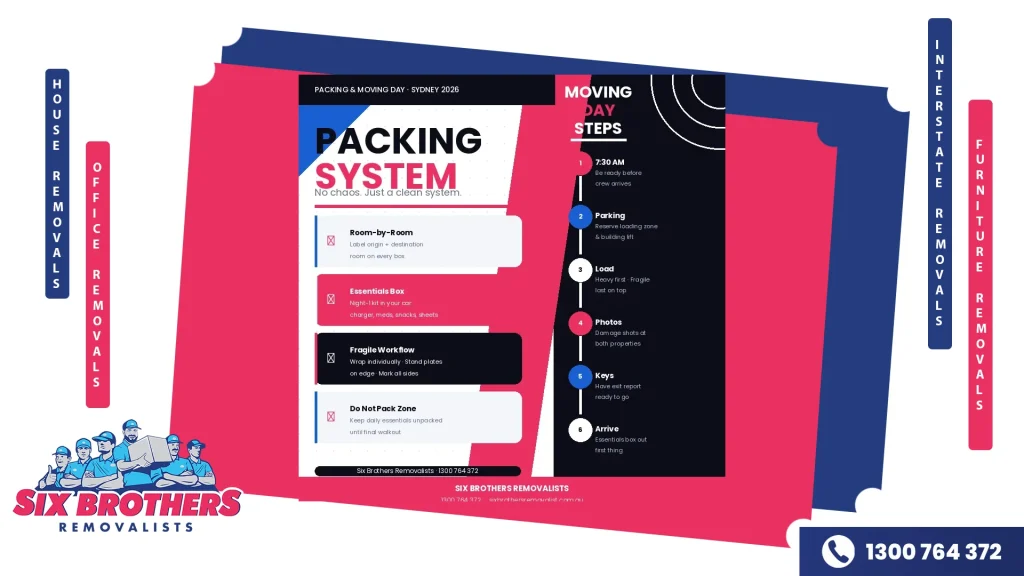  Split-panel cover with four packing system cards on the left — Room-by-Room, Essentials Box, Fragile Workflow, Do-Not-Pack Zone — and a six-step numbered moving day workflow on the right dark panel