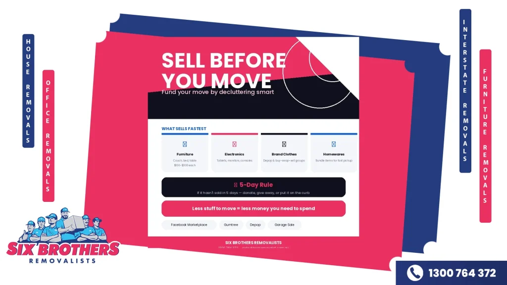 Four sell-fast category cards — Furniture, Electronics, Brand Clothes, Homewares — with the 5-Day Sell Rule and platform pills for Facebook Marketplace, Gumtree, Depop, and Garage Sales