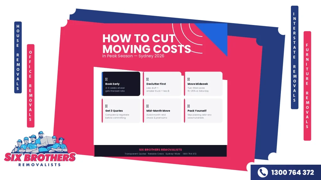 Six actionable tip cards for cutting moving costs during peak season in Sydney including booking early, decluttering, and moving midweek