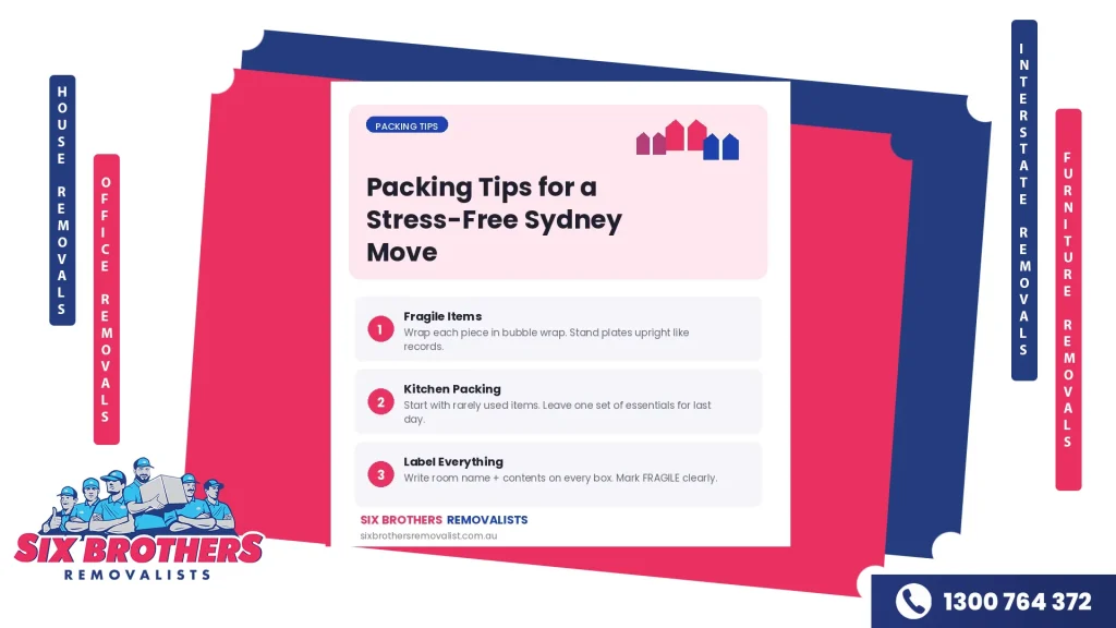 Packing tips for a stress-free Sydney move including fragile items and kitchen packing advice by Six Brothers Removalists.