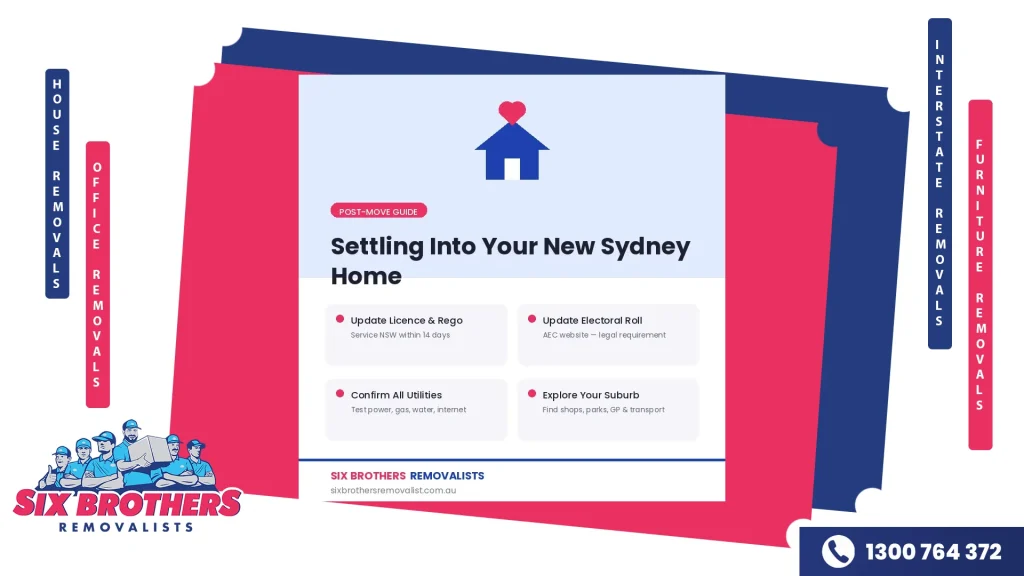 Post-move settling in guide for your new Sydney home covering licence updates utilities and suburb exploration by Six Brothers Removalists.