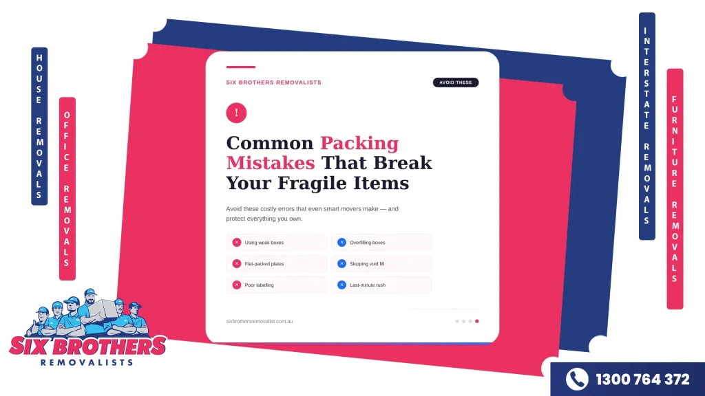 Six Brothers Removalists cover image warning about common packing mistakes including weak boxes, overfilling, flat-packed plates, skipping void fill, poor labelling, and last-minute rushing.