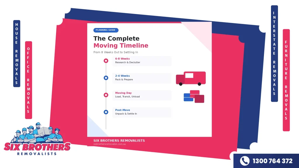 How long does it take to move house in Sydney — complete moving timeline guide by Six Brothers Removalists featuring house and clock icons.