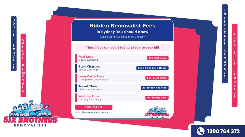 Hidden removalist fees in Sydney including fuel levy stair charges long carry fees travel time and waiting time costs by Six Brothers Removalists.