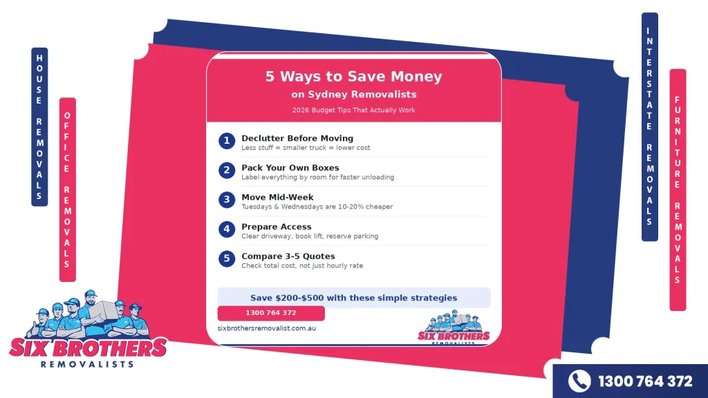 5 ways to save money on Sydney removalists in 2026 including declutter pack smart move mid-week prepare access and compare quotes by Six Brothers Removalists.