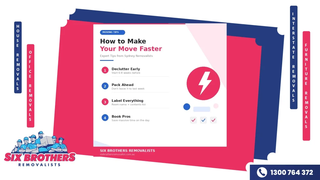 Four expert tips to make your Sydney house move faster including declutter early, pack ahead, label everything, and book professionals by Six Brothers Removalists.