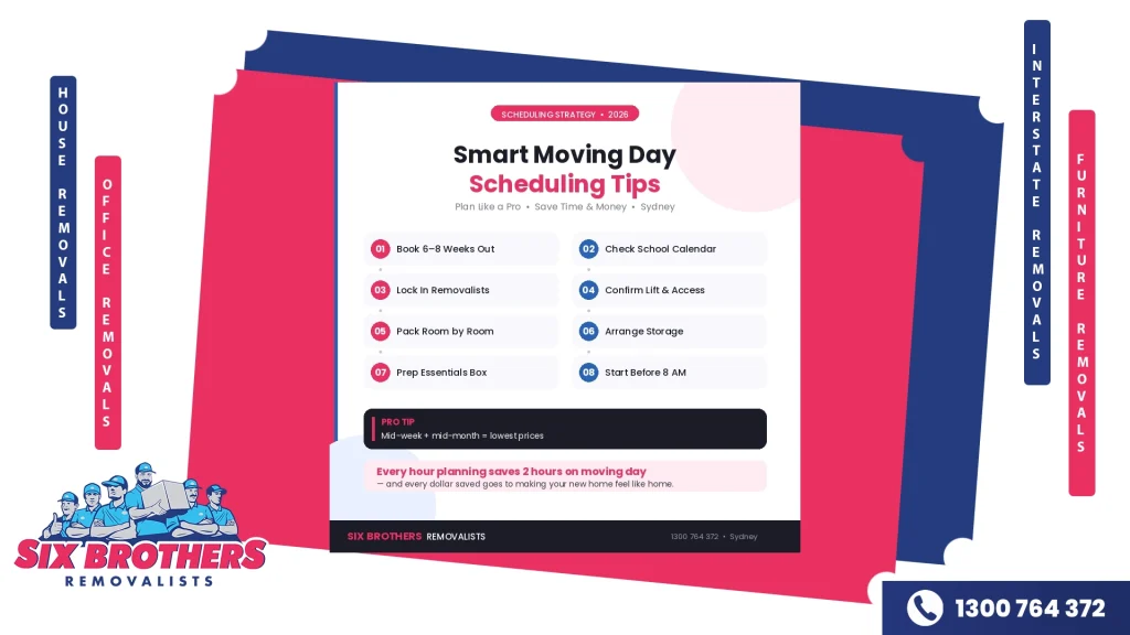 Eight smart scheduling steps for a smooth moving day in Sydney, from booking 6–8 weeks out to starting before 8 AM.