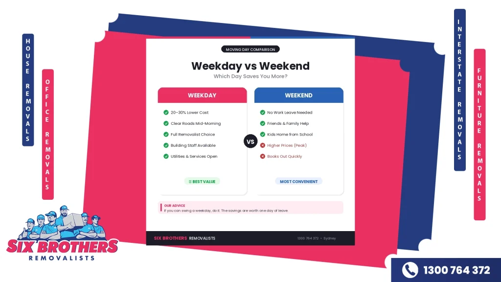 Weekday vs weekend moving day comparison showing cost savings, road conditions, and convenience trade-offs for Sydney house moves.