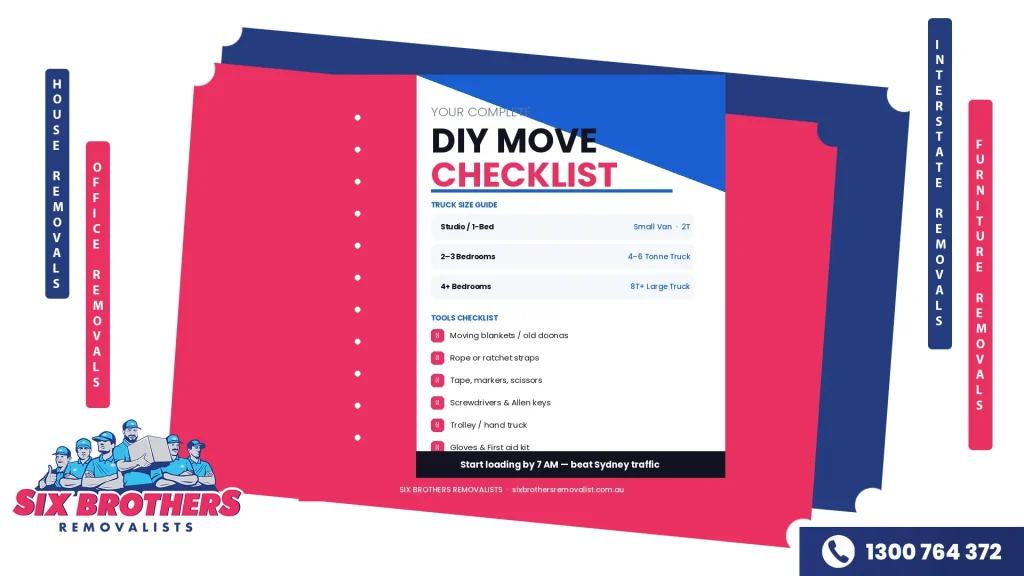 DIY moving checklist and truck size guide for Sydney house moves, including tools needed and load order tips