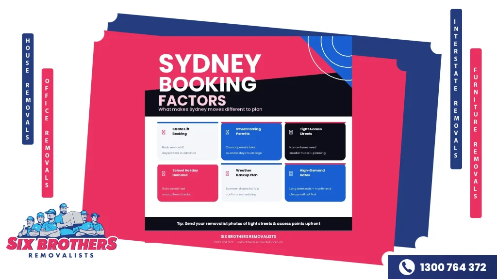 Six factor cards covering Strata Lift Booking, Street Parking Permits, Tight Access Streets, School Holiday Demand, Weather Backup Plan, and High-Demand Dates specific to Sydney moves