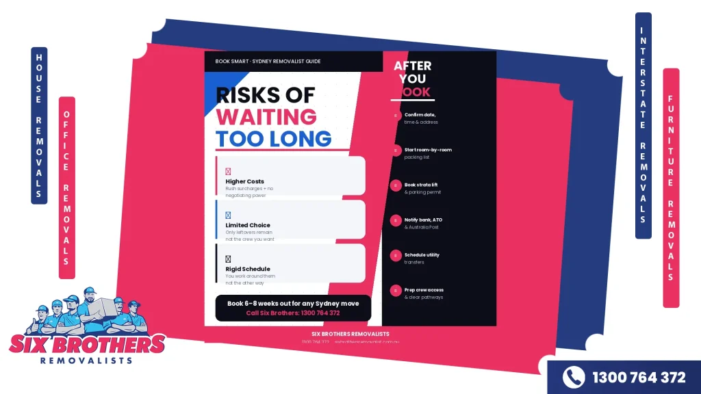 Split-panel cover showing three last-minute booking risks on the left — Higher Costs, Limited Choice, Rigid Schedule — and a six-step after-booking checklist on the right dark panel