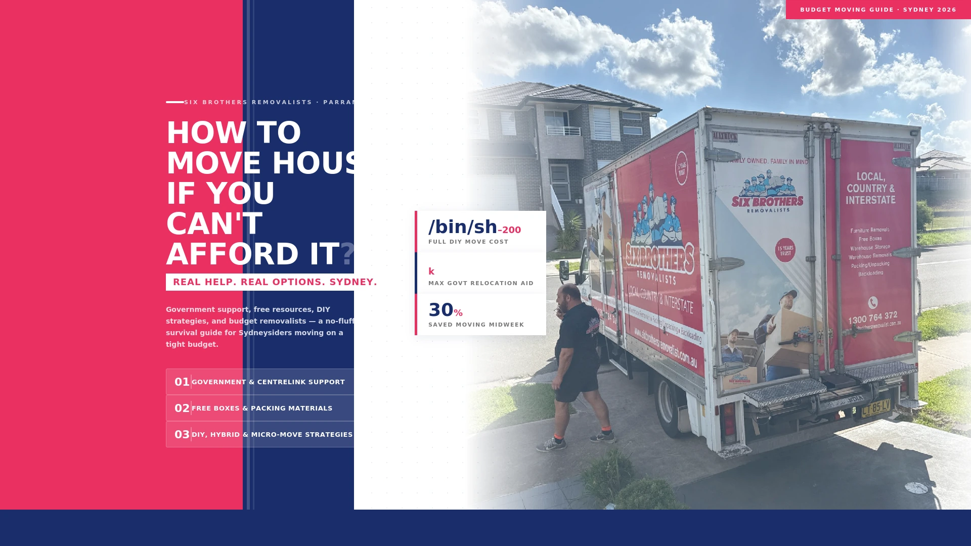 Six Brothers Removalists truck in a Sydney suburb — featured image for budget moving guide covering government support, free resources, and DIY strategies for people who can't afford to move house