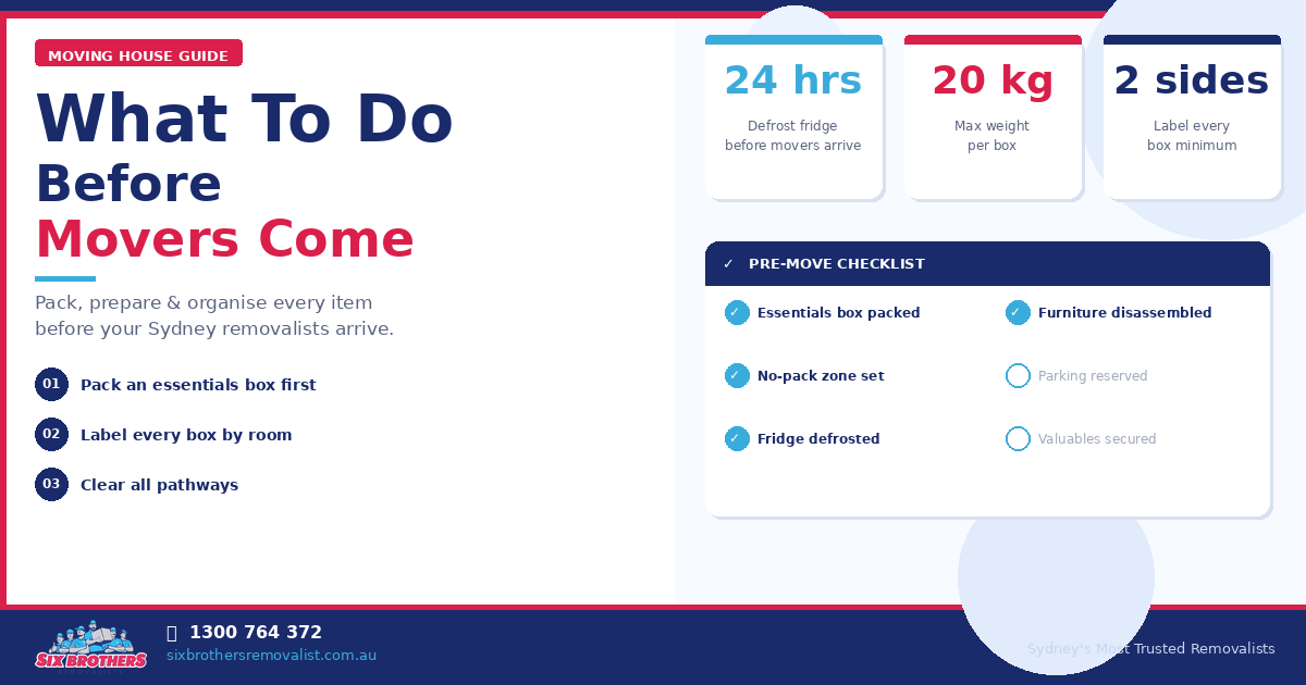 What to do before movers come — moving checklist and packing guide by Six Brothers Removalists Sydney