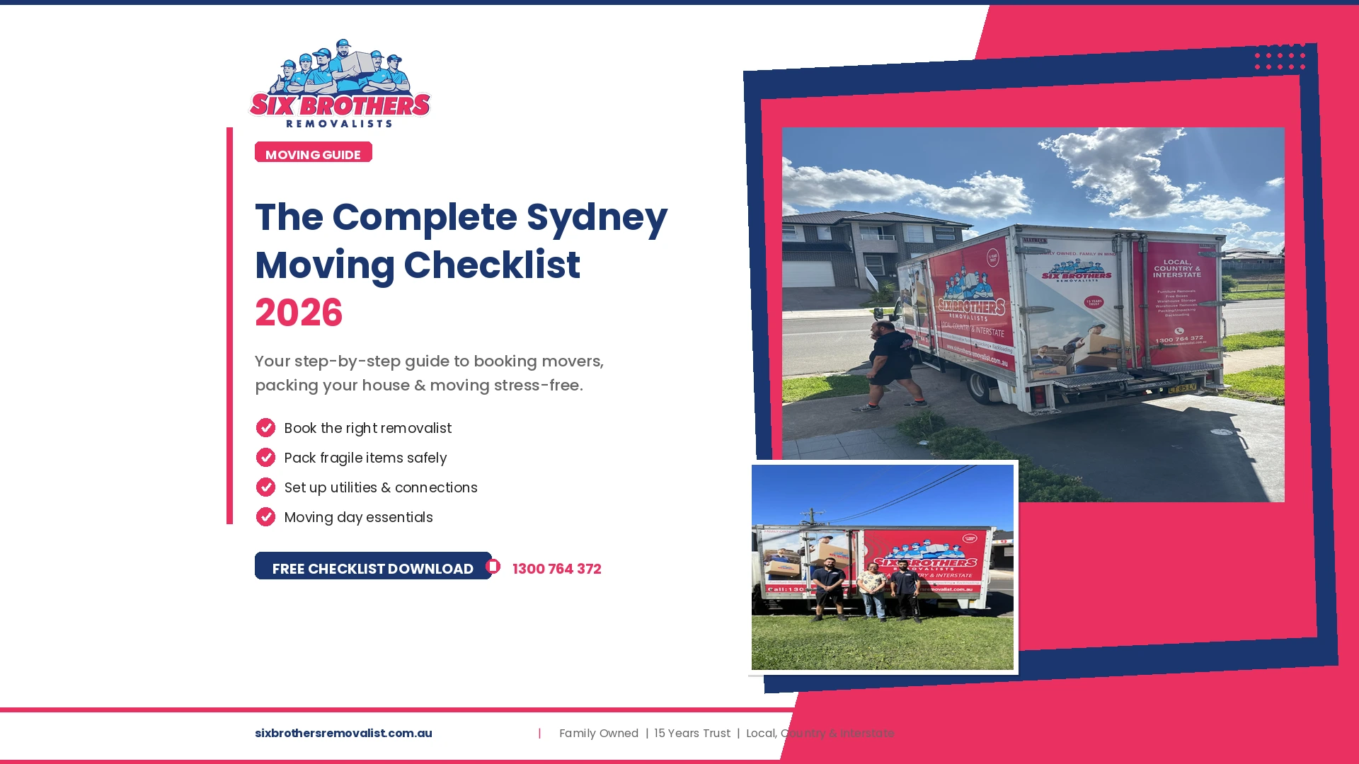 Six Brothers Removalists Sydney moving checklist 2026 featured image showing branded moving truck, professional movers, company logo, and checklist highlights for stress-free house moving in Sydney.