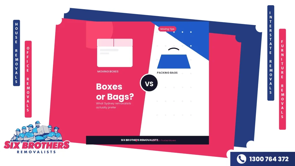 Split-design graphic comparing moving boxes and packing bags for a Sydney home move