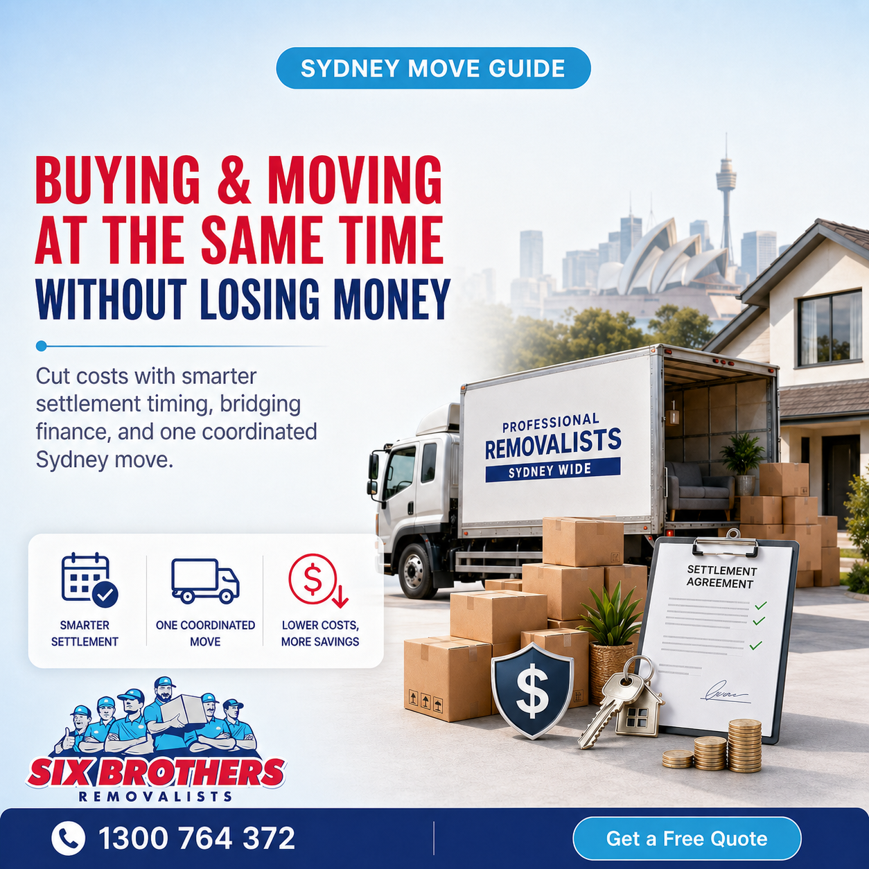 Buying and moving at the same time with Six Brothers Removalists truck, boxes, and Sydney settlement guide