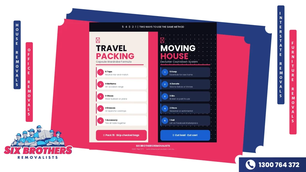 Split-panel cover comparing the travel use (capsule wardrobe for carry-on) and the moving house use (declutter countdown) of the 5-4-3-2-1 method, with warm left panel and dark right panel separated by a pink divider