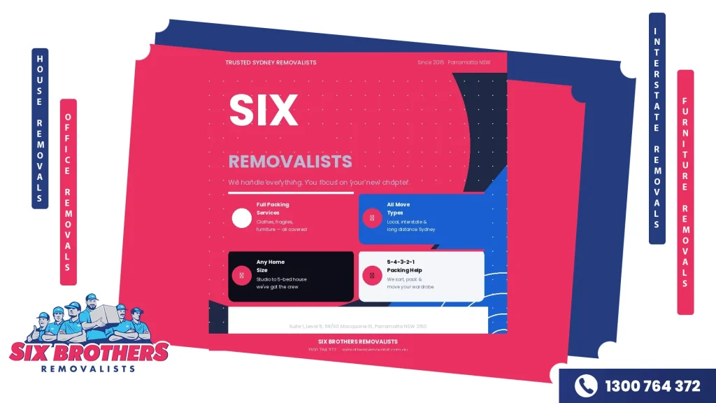 Six Brothers Removalists brand authority cover with company name in large type, four service capability cards — Full Packing, All Move Types, Any Home Size, 5-4-3-2-1 Packing Help — and full contact detail