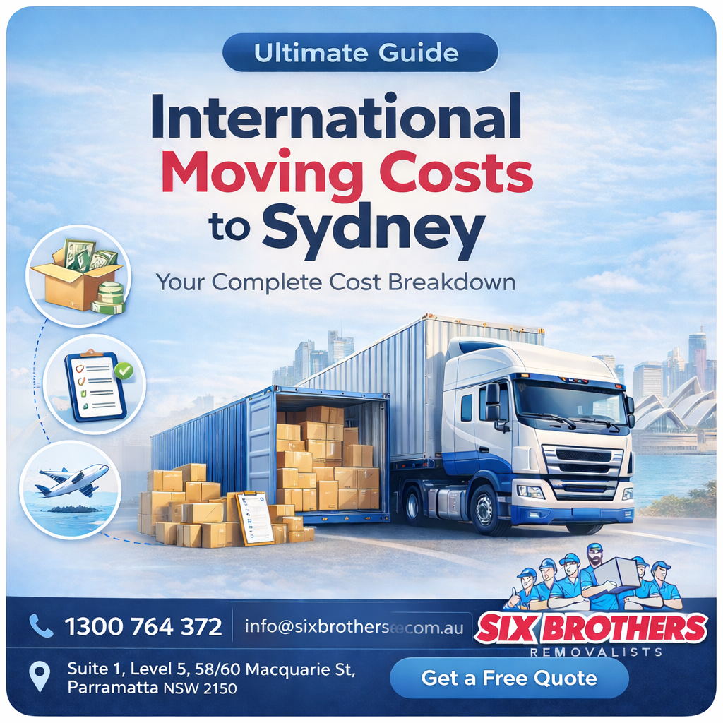 International moving costs to Sydney featured image by Six Brothers Removalists with truck, container and free quote CTA