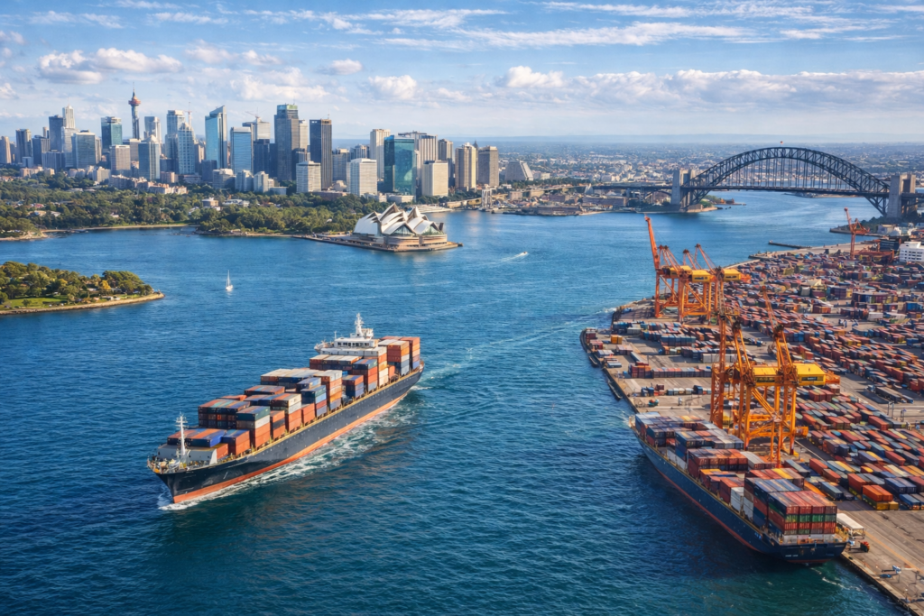 International moving costs to Sydney cover image with Sydney Harbour and cargo ship by Six Brothers Removalists