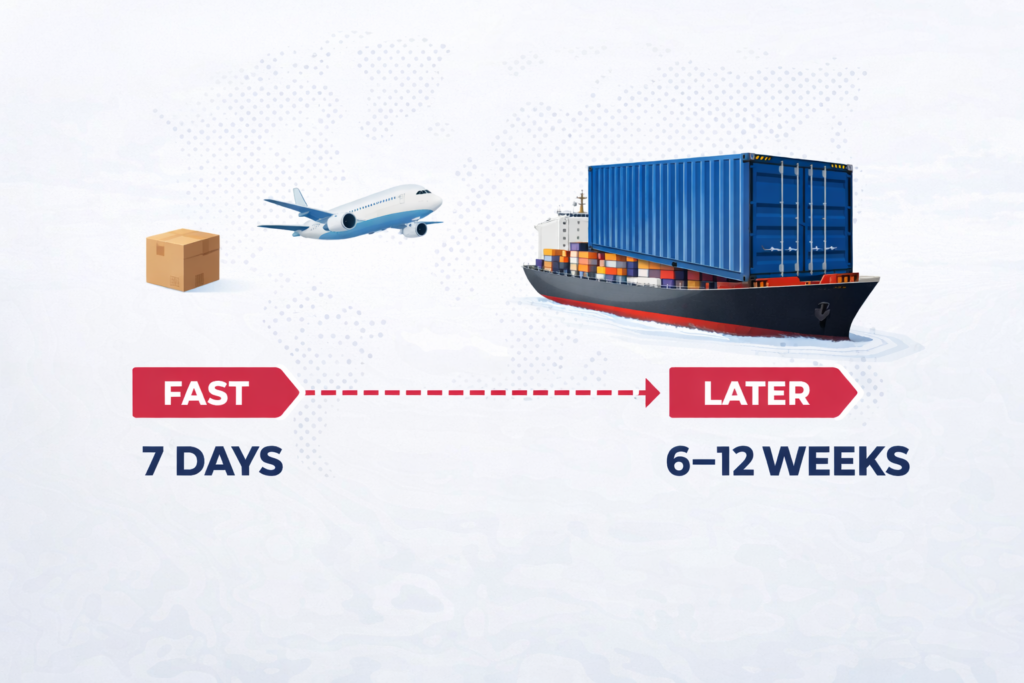 Shipping container vs air freight to Australia timeline graphic by Six Brothers Removalists