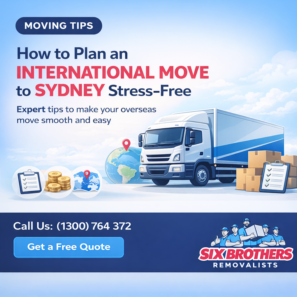 International move to Sydney guide featured image by Six Brothers Removalists with truck, boxes, checklist and quote CTA