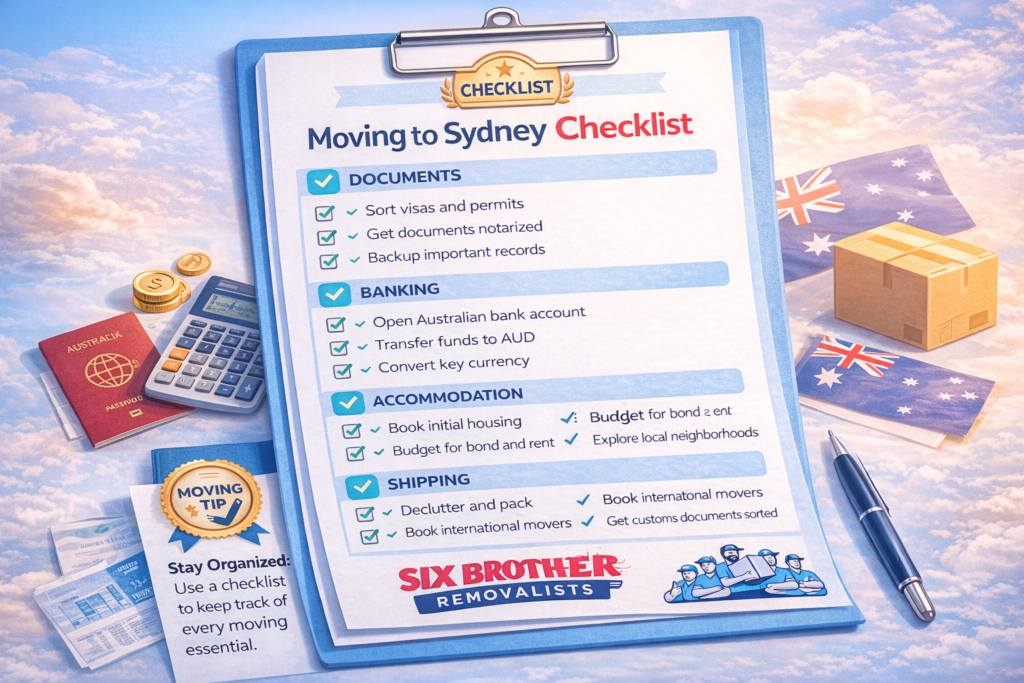 Moving to Sydney checklist graphic by Six Brothers Removalists showing documents, banking, shipping, housing and health