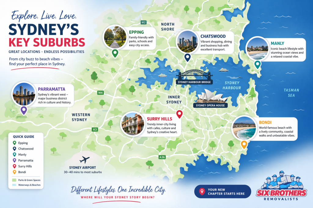 Sydney suburbs map for expats by Six Brothers Removalists showing Parramatta, Bondi, Chatswood, Epping and Manly