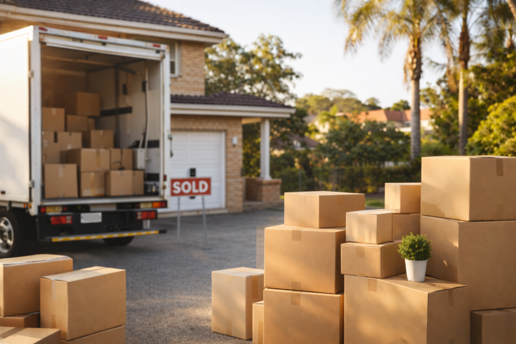 Sydney family moving house cover image with boxes and truck by Six Brothers Removalists
