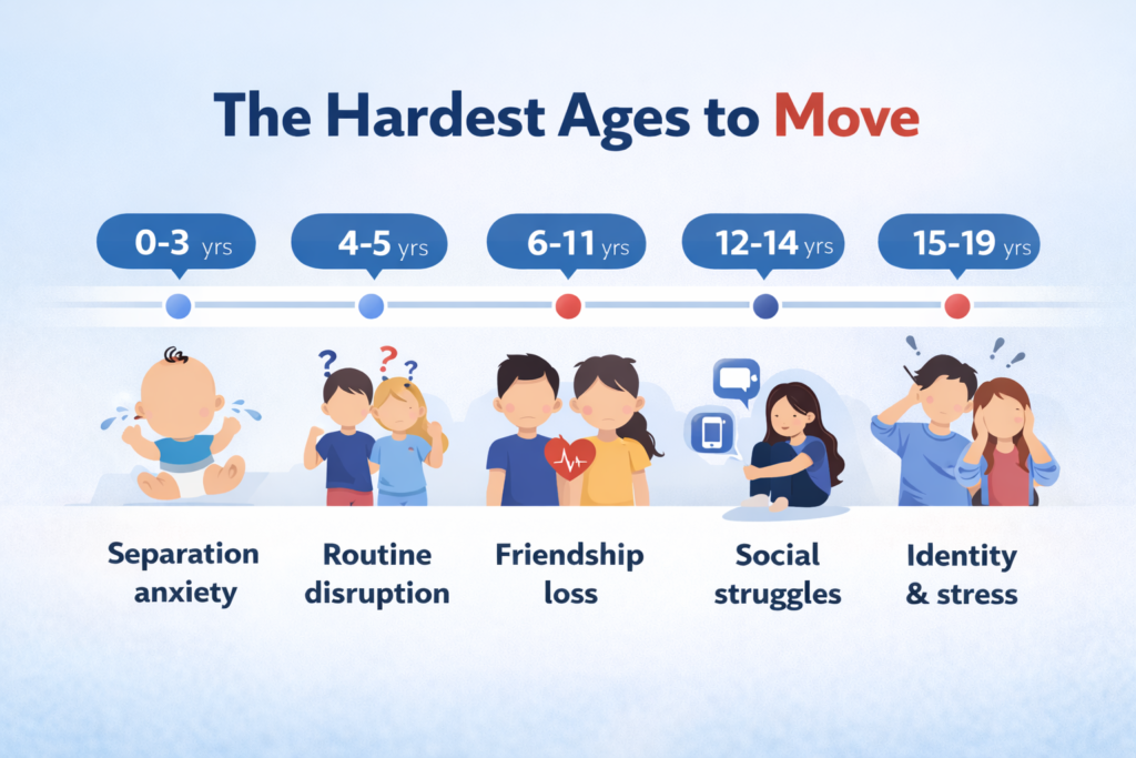 Hardest age to move timeline infographic by Six Brothers Removalists showing child age groups and moving challenges