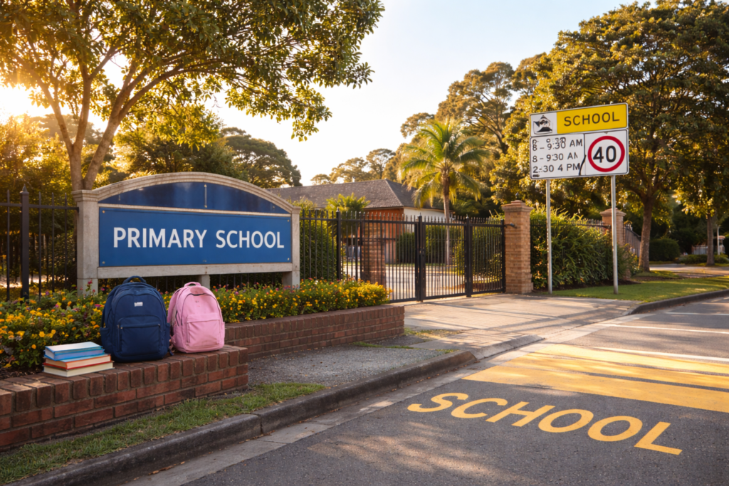 Sydney school entrance image with school zone sign for moving with kids blog by Six Brothers Removalists