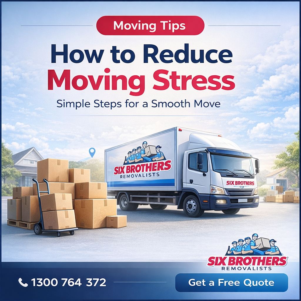 How to reduce moving stress featured image by Six Brothers Removalists with truck, boxes, and free quote CTA