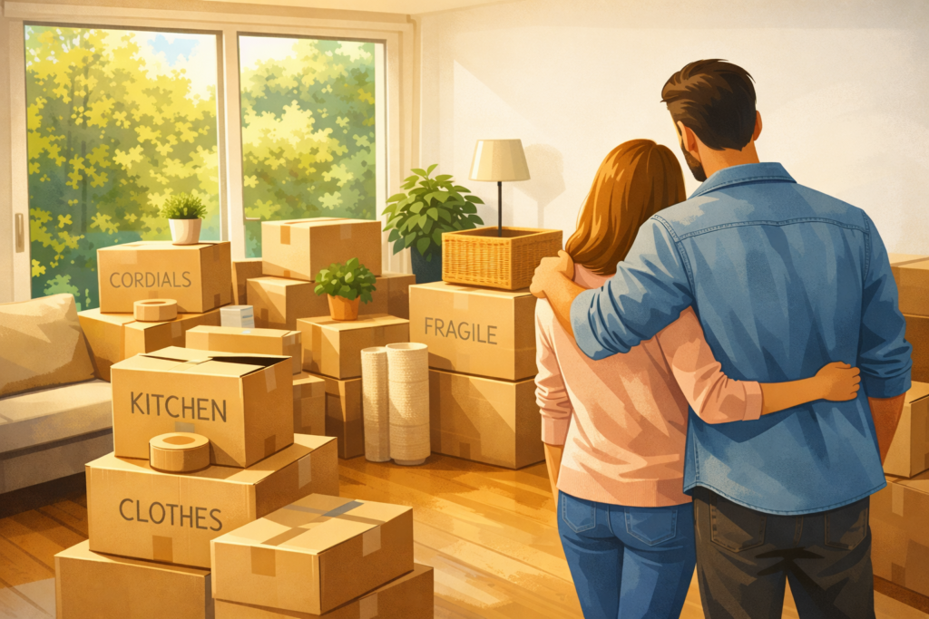 How to reduce moving stress illustration by Six Brothers Removalists showing a warm moving-day home scene