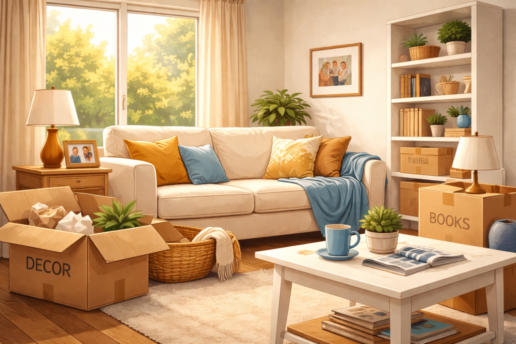 Moving house stress tips image by Six Brothers Removalists showing a cosy living room with unpacked boxes