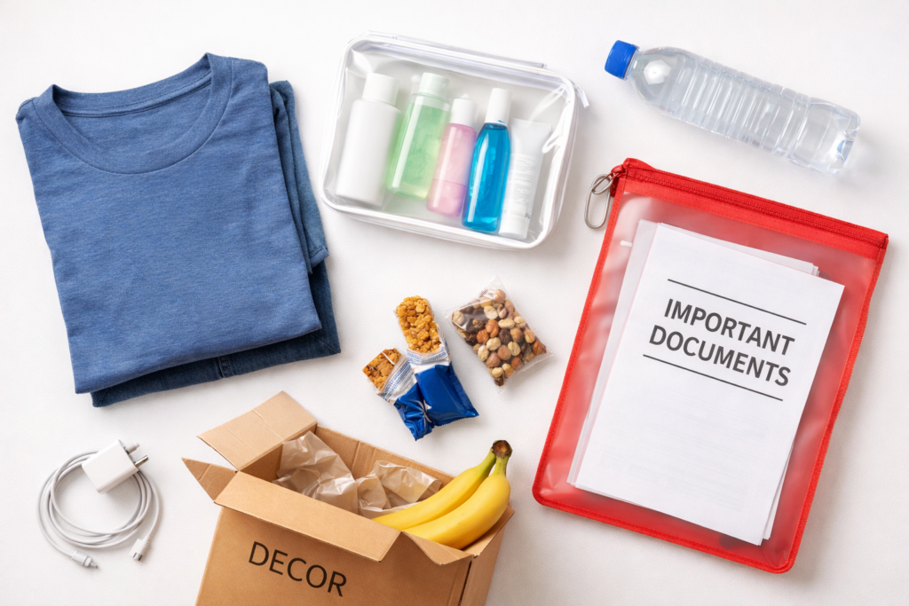 Moving day essentials flat lay by Six Brothers Removalists with charger, toiletries, snacks, water, and documents