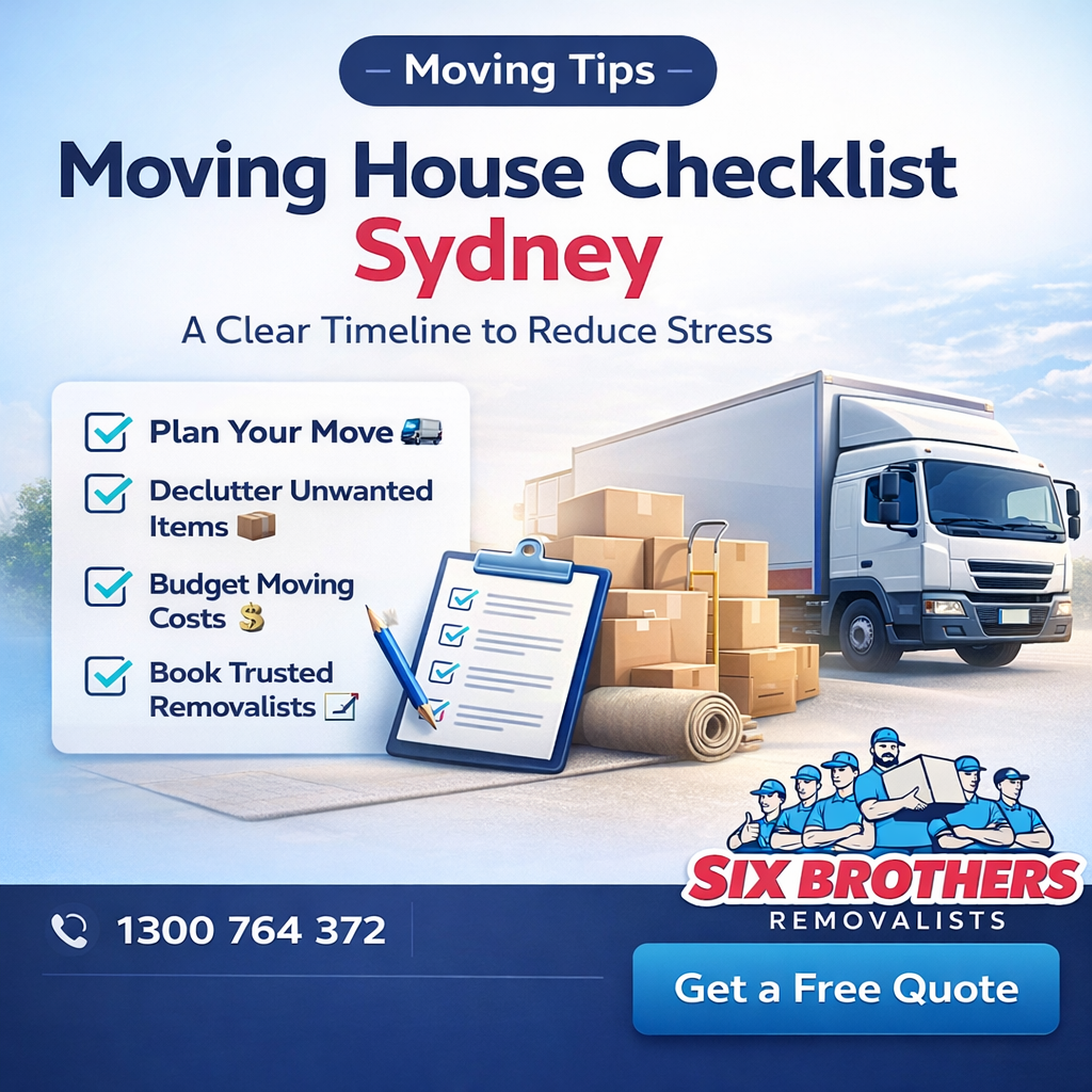 Moving house checklist Sydney featured image with moving truck by Six Brothers Removalists