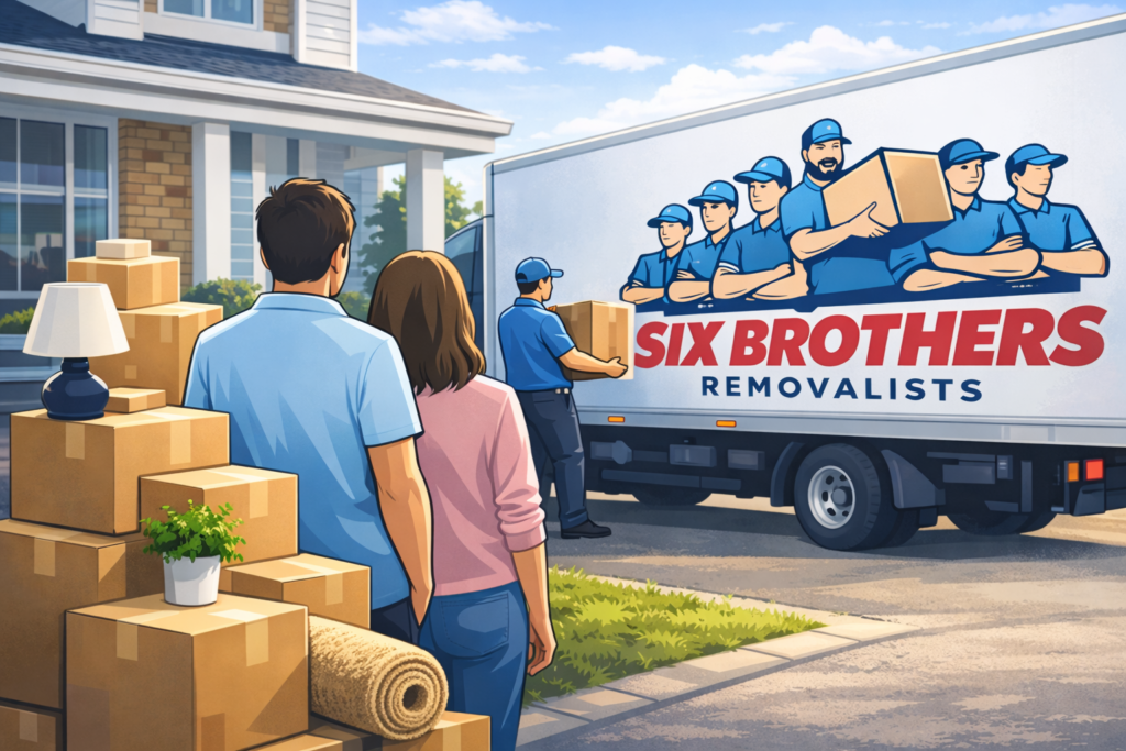 Sydney house move illustration with moving boxes and truck by Six Brothers Removalists