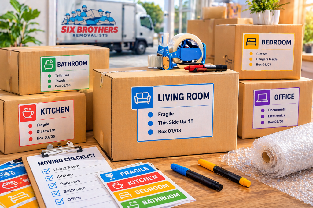Labelled moving boxes with packing tape and bubble wrap by Six Brothers Removalists