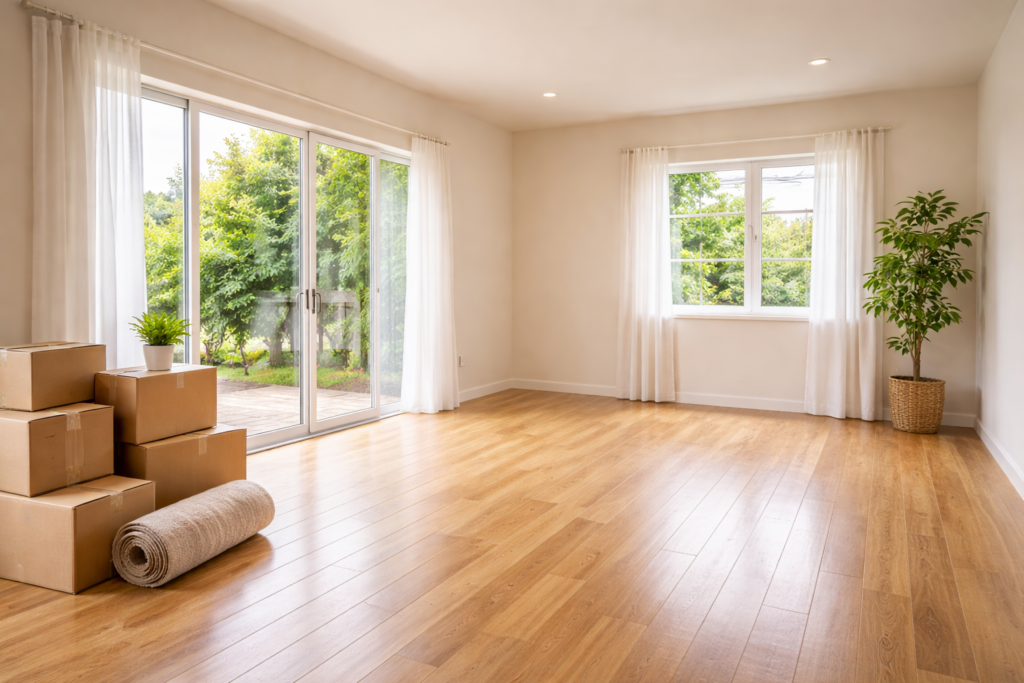 Empty room with clean floors and open windows by Six Brothers Removalists