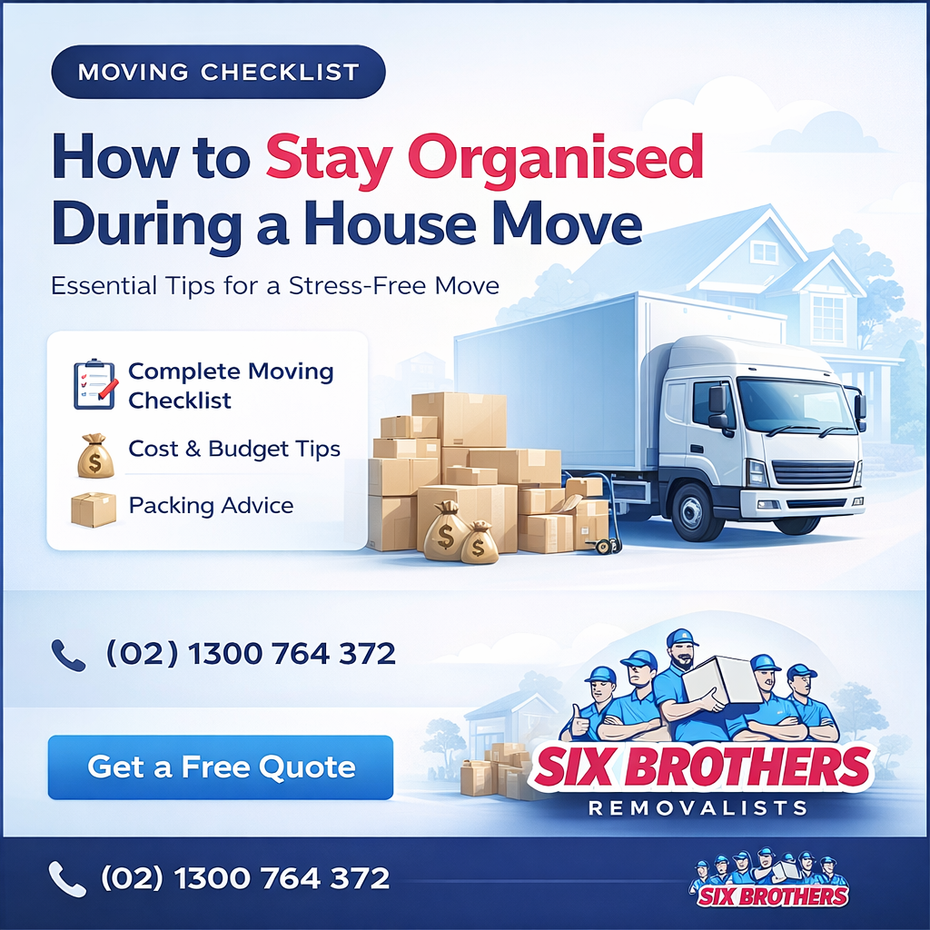 Moving house checklist Sydney featured image by Six Brothers Removalists with truck, boxes and free quote CTA