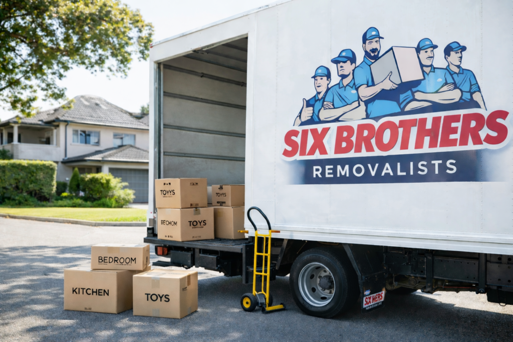Moving house checklist Sydney image with Six Brothers Removalists truck and labelled boxes on a suburban street